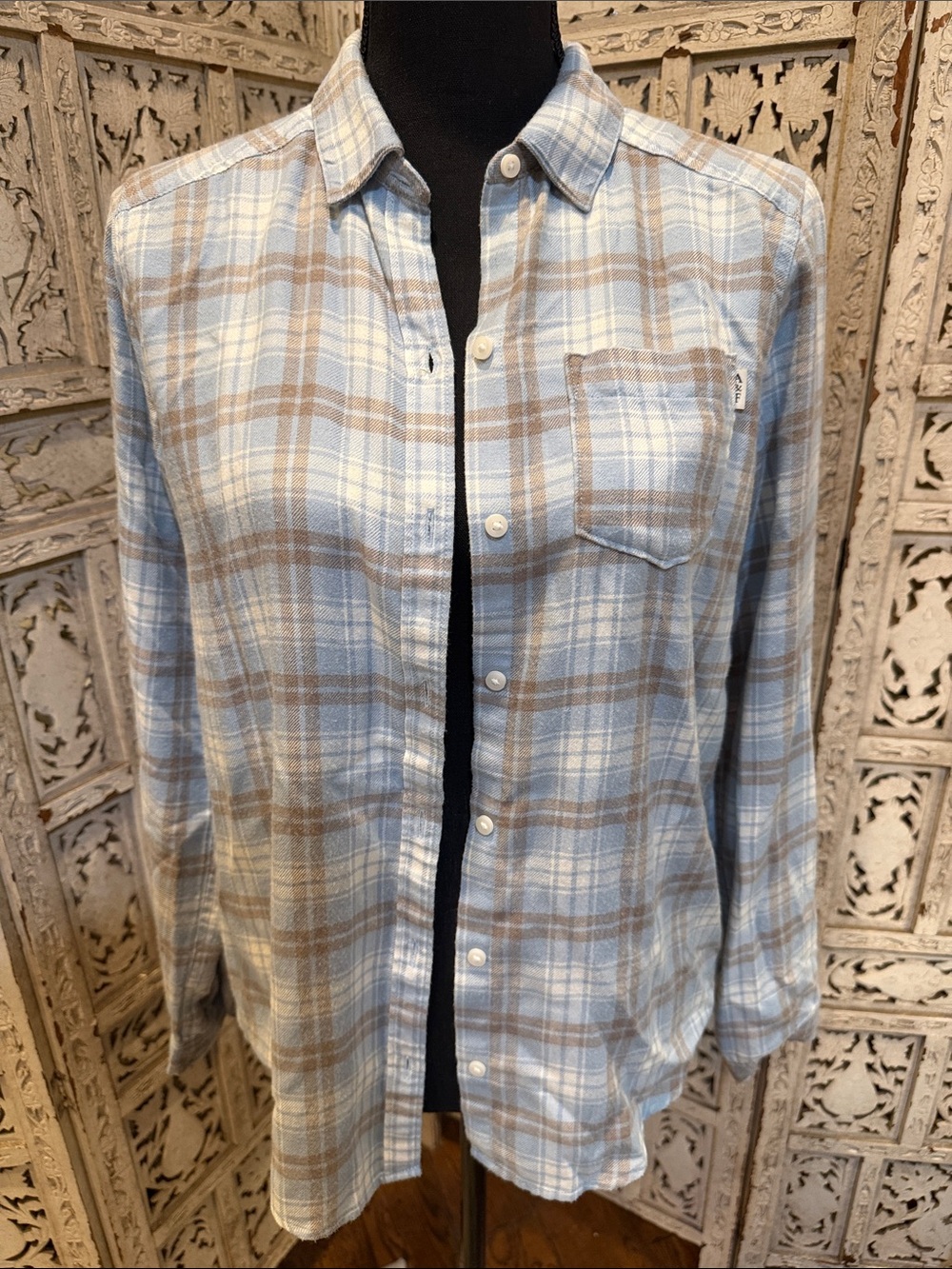 abercrombie kids Sz.15/16 Light Blue & Brown Flannel Plaid Button-Up Shirt